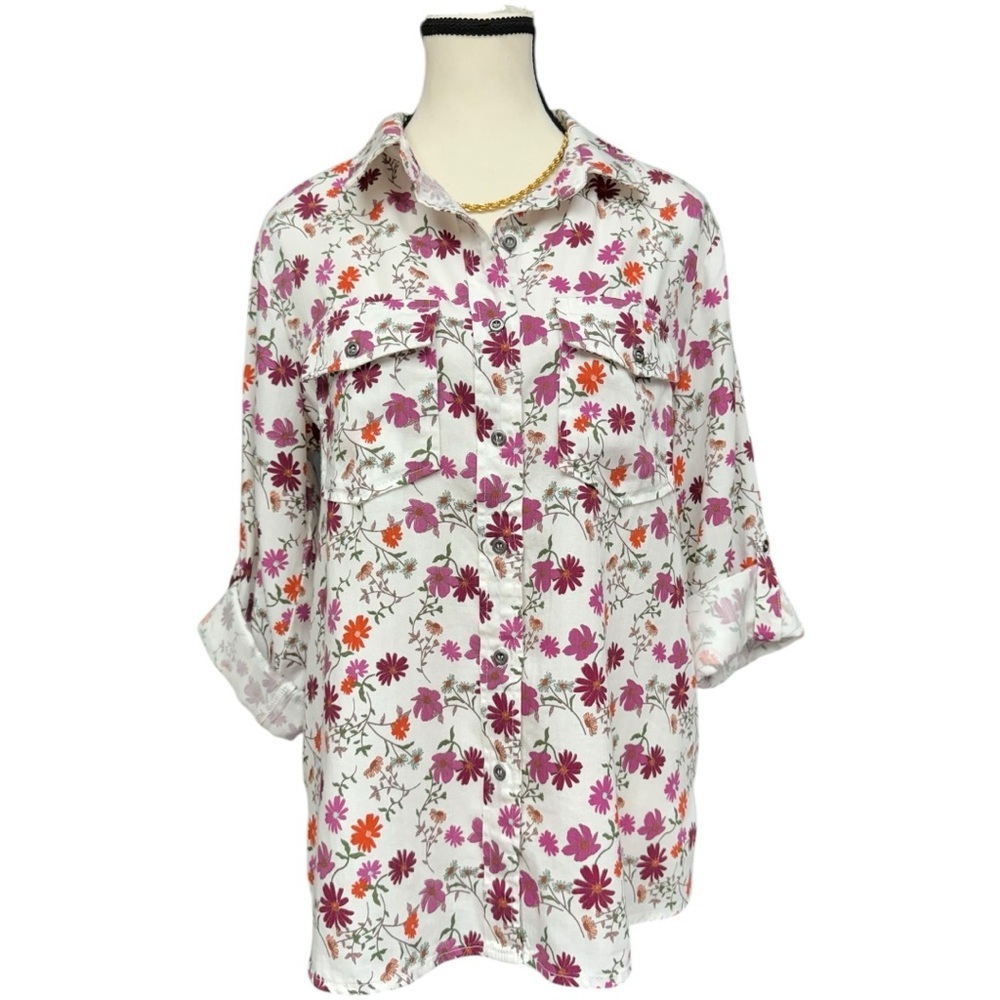 Billy T White Medley Floral Button Shirt Small Summer Floral Top Office
